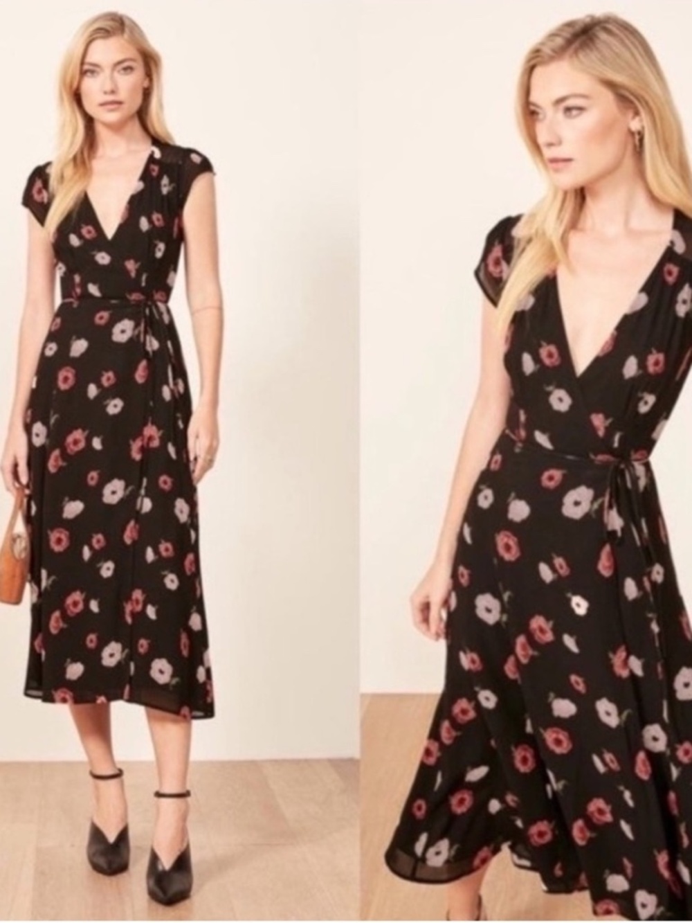 Reformation Carina Wrap Midi Dress Black Floral Viscose V Neck